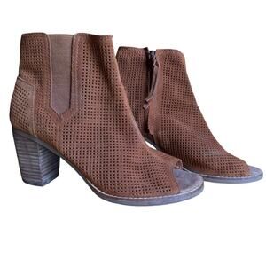 Toms Majorca Peep Toe Booties Perforated Chunky High Heel Boots Shoes Suede 7.5